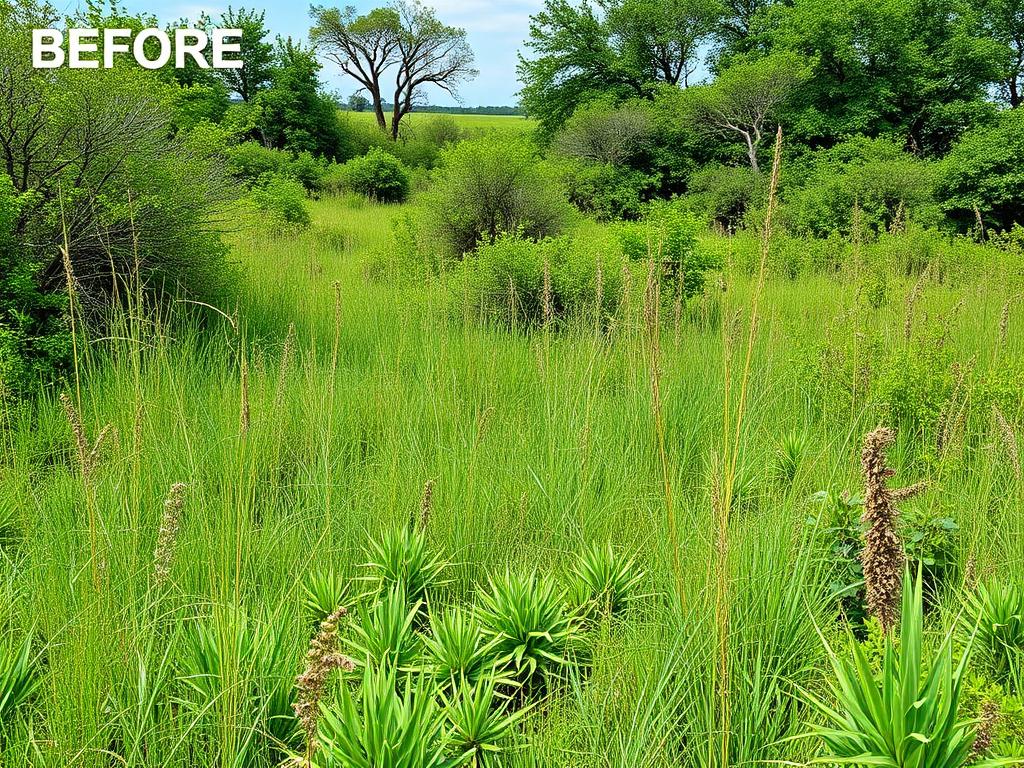 Overgrown Texas pasture before forestry mulching